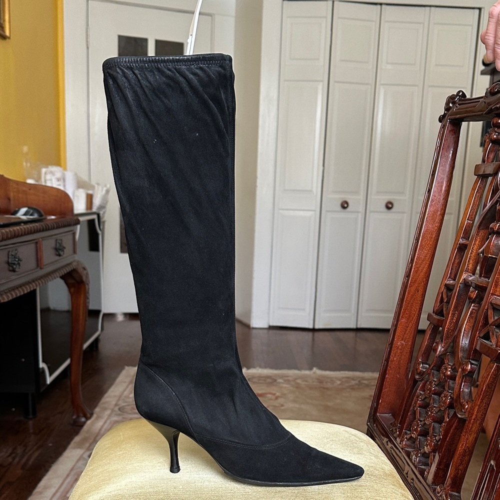 Sergio Rossi Black Stretchy Suede Pointed Toe Sock Knee-High Boots Size 38 / 7.5 - Picture 2 of 13
